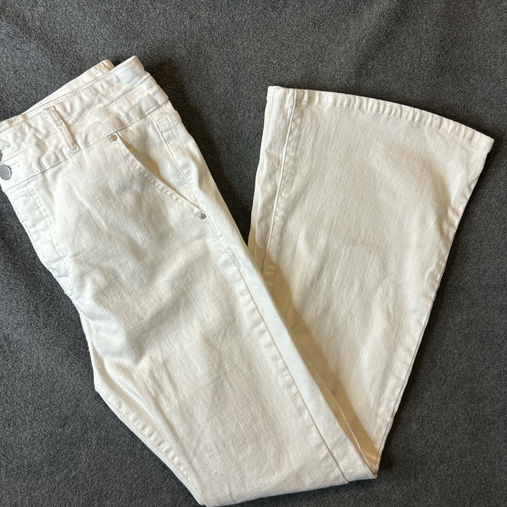 RISEN  white stretch denim high rise flare jean